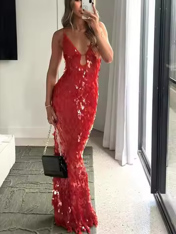 Elegant Sling Evening Dress with Sequins for Women - Shiny & Glamorous