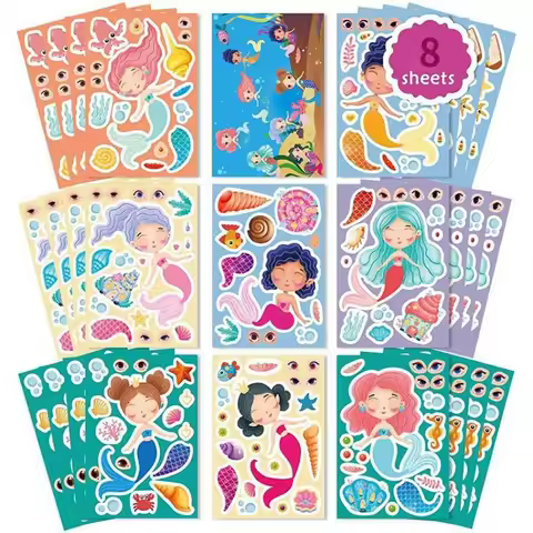 8pcs/Set Kawaii Mermaid Princess Column Sticker DIY Funny Cartoon Stickers For Kids Gift Classic Toy