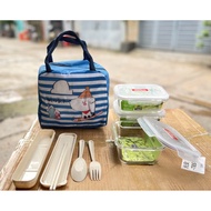 Lock&Lock heat-resistant glass lunch box set 630ml with thermo bag, barley spoon and fork set