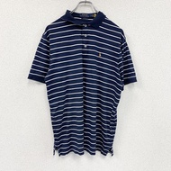 POLO RALPH LAUREN Ralph Lauren 短袖 Polo 衫，刺繡 Logo，條紋圖案，海軍藍，L 碼，古著