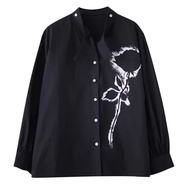 Single Breasted Print Flower Shirt Vintage Solid Color V-neck Collar Loose Fitting Full Sleeve Casua