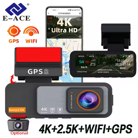 E-ACE 3.2 Inch Portable Mni 4K CAR DVR Video Recorder Built-in GPS WlFl Optional Sony2.5K RearCamera