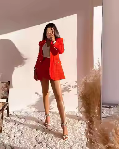 xikom 2021 Tweed Two pieces set Women red Vintage V Neck Long Sleeve Office Lady slim Blazer Coat Fe