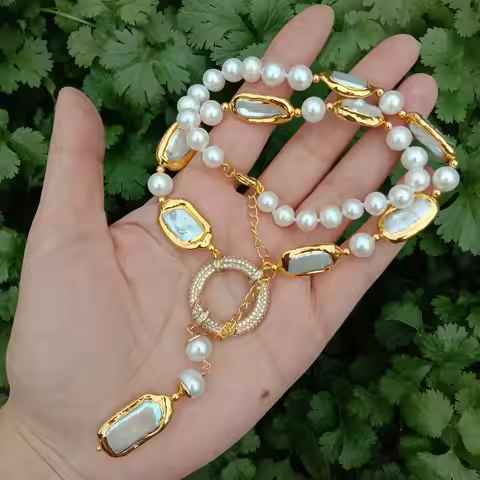 YYGEM natural 8-9mm Round Rectangle Cultured White Biwa Pearl Round Freshwater Pearl Y-Drop Necklace
