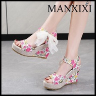 MANXIXI Fashion Women Wedge Heels 3.93 Inches Beautiful Flowers Pattern Sandals (Size 35-42)