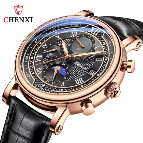 CHENXI 976 Men's Watch Leather Chronograph Date Quartz Watches Phase Moon Timing Business Luminous W