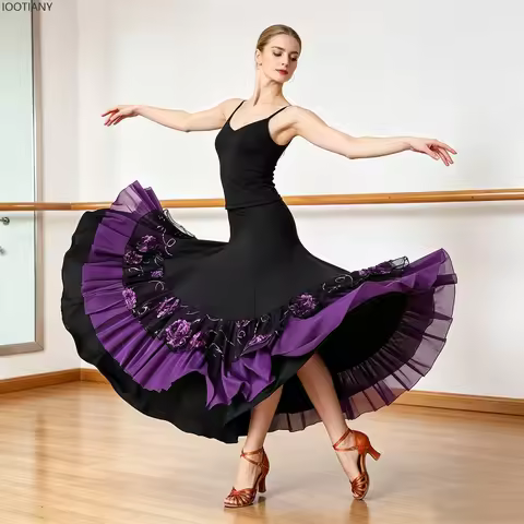 Women Elegant Ballroom Dance Maxi Skirt Elastic Waist Big Swing Layered Ruffle Hem Dress Flamenco Co