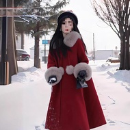 Red Large Fur Collar Fashionable Fur Sleeve Wool Coat 2025 New Off-season Fashion Cape Wool Coat For