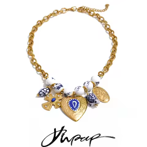Yhpup Exclusive Stainless Steel Ceramic Heart Cross Drop Charm Statement Necklace Fashion Collar Han