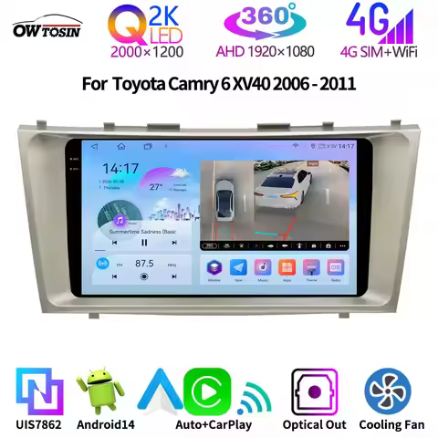 QLED 2K Screen 8G+256G Android 14 Car Multimedia GPS Radio Head Unit For Toyota Camry 6 XV40 2006-20