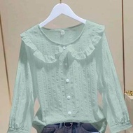 ruffle top Kemeja kerah boneka lengan puff kapas murni kemeja lengan panjang wanita musim panas gaya