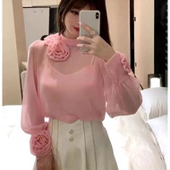 Fashion 3D Flower Tops Chic Korean Elegant Bottoming Shirts for Women 2023 Autumn Long Sleeve Blusas