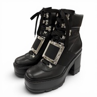 全新 ◇ ROGER VIVIER VIV UTILITY BOOTIE 85 皮革短靴 黑色 銀色五金配件 35碼 義大利製 女款 附原廠鞋盒