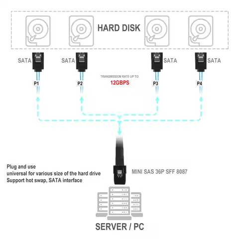 Internal Cable Mini SAS SFF-8087 36P Host to 4 SATA 7P Target Forward Breakout for Office Caring Com