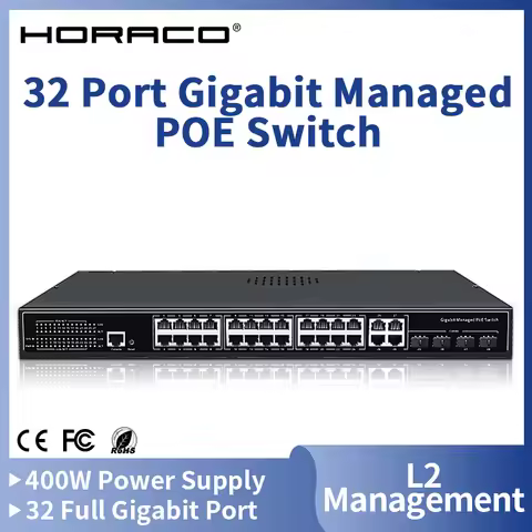 HORACO 32 Port Gigabit PoE Managed Switch 1000M L2 Management Network Smart Switcher Hub Internet Sp