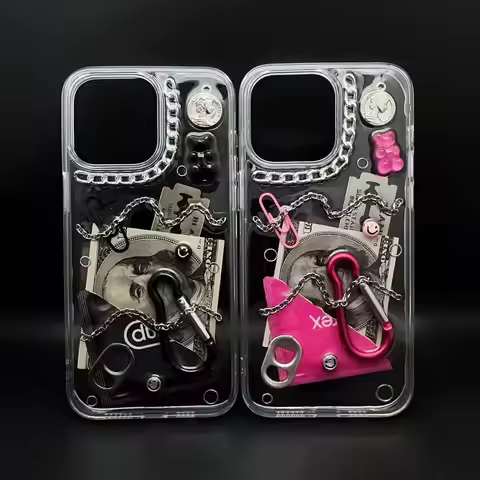 Y2K Grunge Chain Phone Case with Dollar Print Carabiner Shockproof for iPhone 17 15 14 13 Pro Max