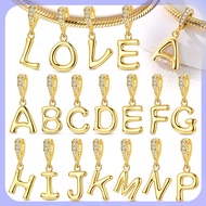Original 925 Silver Charms Beads Sparkling Gold 26 Letters A-Z Alphabet Zircon Pendent for Women Man