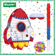 Pull String Rocket Ship Pinata Rocket Pinatas with Blindfold Bat Stick Confetti for Kids Space Theme