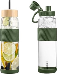 Glass Bottle 1 Litre / 1 Litre with Straw, Water Bottle Glass 1000 ml with 2 Lids and Silicone Prote
