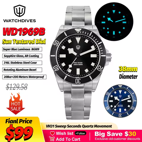 Watchdives WD1969 Sun Textured Fashion Quartz Wristwatches VH31 Sapphire 200M Waterproof Luxury Watc