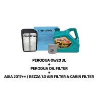 NEW PERODUA AXIA 0W20 FULLY SYNTHETIC 0W-20 ENGINE OIL 3L + PERODUA OIL FILTER + AIR FILTER + CABIN 