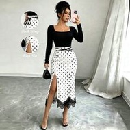 Women's White And Black Polka Dot Patchwork Square Neck Waist Tie Design Long Sleeve Dress, Elegant 