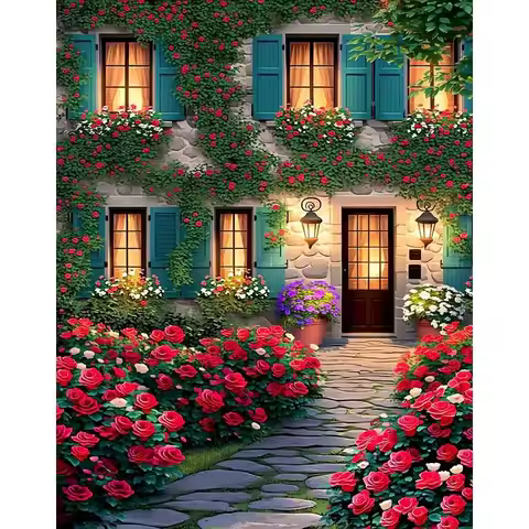 CHENISTORY Coloring by numbers Kits Cottage Picture Drawing Paint By Numbers Rose Drawing by numbers