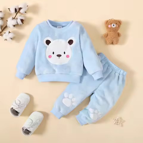 Infant Toddler Cute Bear Pajama 2PCS Long Sleeve Tops Crew Neck Sweatshirt + Paw Print Pants for 0-3