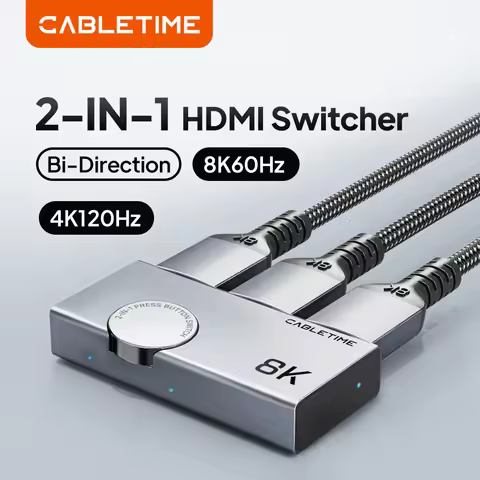 CABLETIME HDMI Splitter 8K 60Hz 4K 120Hz 2 in 1 Switcher 3D Vision Aluminum Knob Design Adapter for 