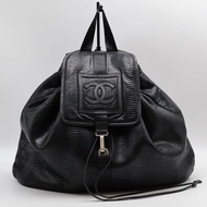 CHANEL 蜥蜴壓紋雙肩後背包 - 黑銀12開