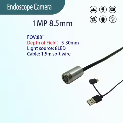 1MP 8.5mm 88° endoscope Camera Industrial pipeline inspection 1.5m USB Type-C 3-in-1 Soft wire endos