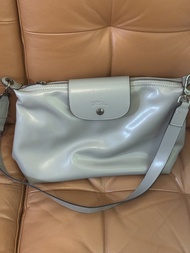 Longchamp Hobo大象灰真皮單肩斜挎兩用包