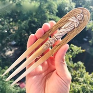 Wood carved hair comb Gold Angel, Wooden hair 2-prong fork