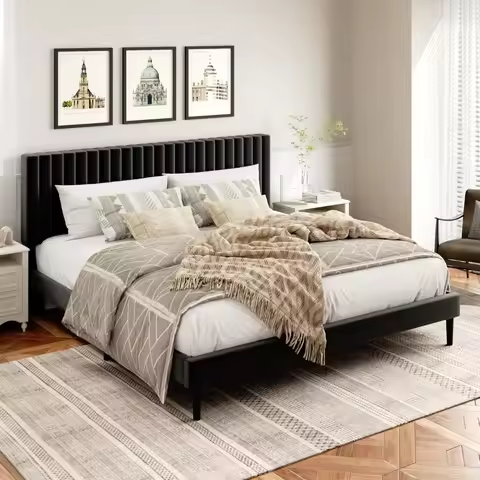 King Size Bed Frame King Size Platform Bed Frame and Velvet Upholstered Headboard with Strong Wood S
