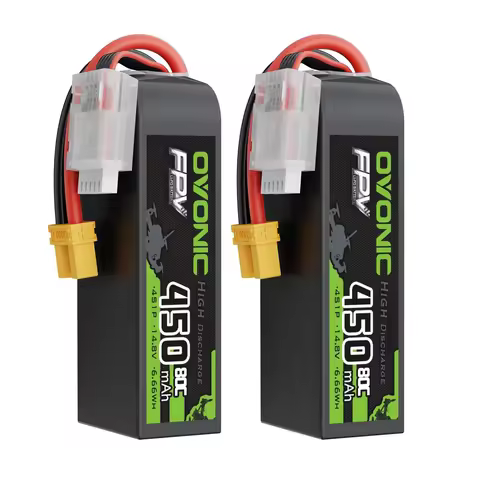 OVONIC 4S LiPo Battery Pack 14.8V 450mAh 80C Long Type with XT30 Connector, 2 Pack RC Lithium Batter