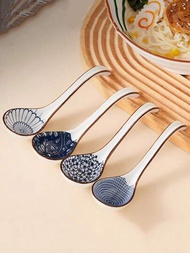 1套/4入創意青花瓷陶瓷長柄湯匙，適用於家庭使用，日式湯匙