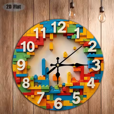 LEGO-Inspired Silent Round Wall Clock - Large Face with Colorful Building Blocks Design, Mechanical 