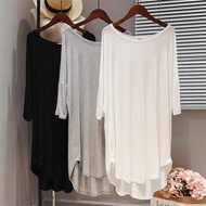 【50-150kg】 短袖纯色胖MM2-300斤中长款T恤家居睡裙大码宽松休闲半袖上衣Short sleeve solid color fat MM2-300 pounds mid-length T-