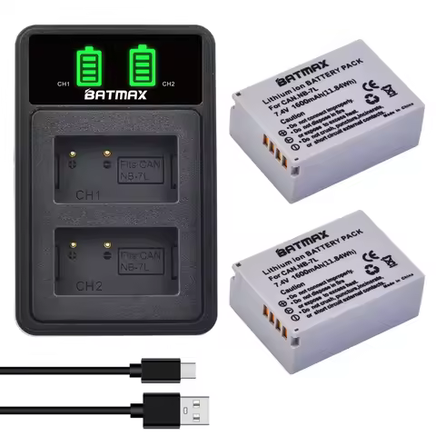 Batmax NB-7L NB 7L Battery 1600mAh +New LED Dual Charger with Type C Port for Canon PowerShot G10 G1