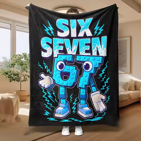 Number 67 Robot Pattern Blanket Flannel Fabric Blue Black Color Block Blanket for Sofa Bedroom Party