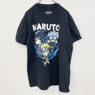 古著短袖動漫印花T卹，印有鳴人、佐助和卡卡西的圖案。黑色圓領，復古設計，L碼。