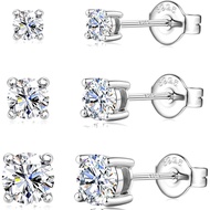Moissanite Stud Earrings 3 Pairs 14K White Gold Plated Sterling Silver Men's Flat Back Stud Earring 
