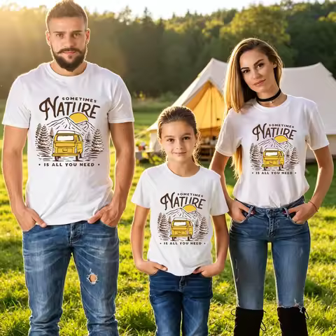 Sometimes Nature Is All You Need Matching Family T Shirts Vintage Camper Print Mom Dad Kids Tees Cam