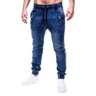 Men Jeans Solid Color Pockets Summer Washable Ankle Tied Denim Pants Streetwear