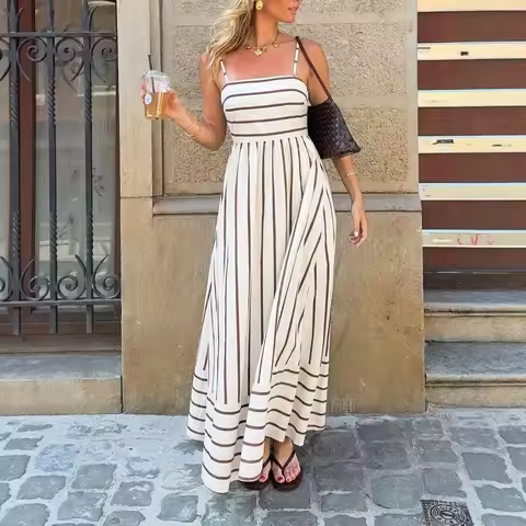 Women Sleeveless Slash Neck Swing Dress Summer 2026 Vintage Striped Backless Hollow Out Vacation Max