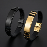 New Fashion Brand Bracelet Stainless Steel Men's Bracelet Black Charm Leather Bracelet Men's Wristba