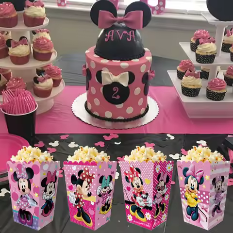 12Pcs Minnie Popcorn Box Party Favor Treat Box for Birthday Party Decorations DIY Candy Cookies Box 