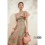 Đầm xòe hoa tơ organza cổ ngang phối vạt ngực SIXDO (Emerald Green Floral Organza Flared Dress)