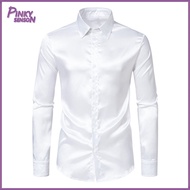 Yoewre Men Long Sleeve Shirt Trendy Men Shirt Mens Solid Color Silk Like Satin Shirt Long Sleeve Cas