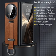 For Honor Magic V3 V 3 V5 Case Luxury Retractable Wristband Metal Ring Holder PC Leather Hard Flip P
